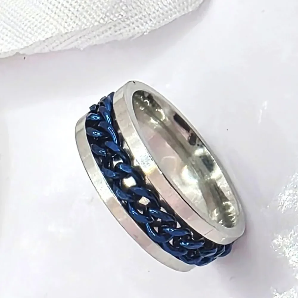 SPINNER  Titanium Polished Silver Ring - Blue Chain